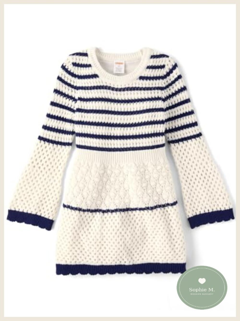 Girls Long Sleeve Sweater Dress Crochet Striped Yoke Cotton Pullover